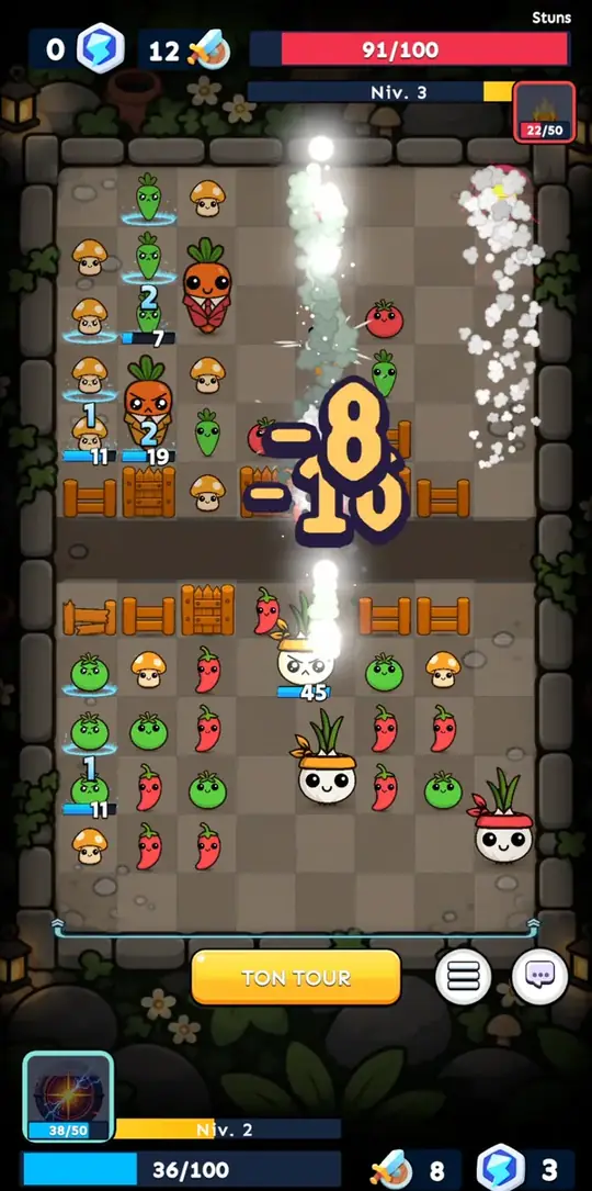A Clash of Gardens battle in progress, damage numbers flying across the board